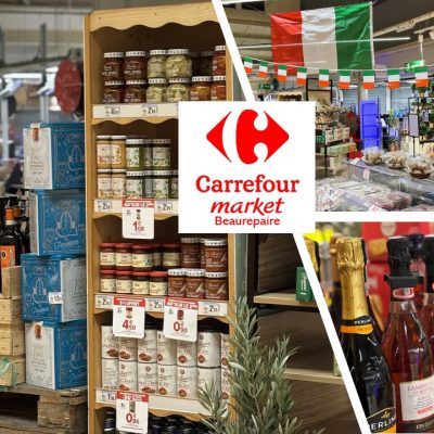 plusieurs image présentoir à alcool, spécialités italienne et logo du magasin au centre